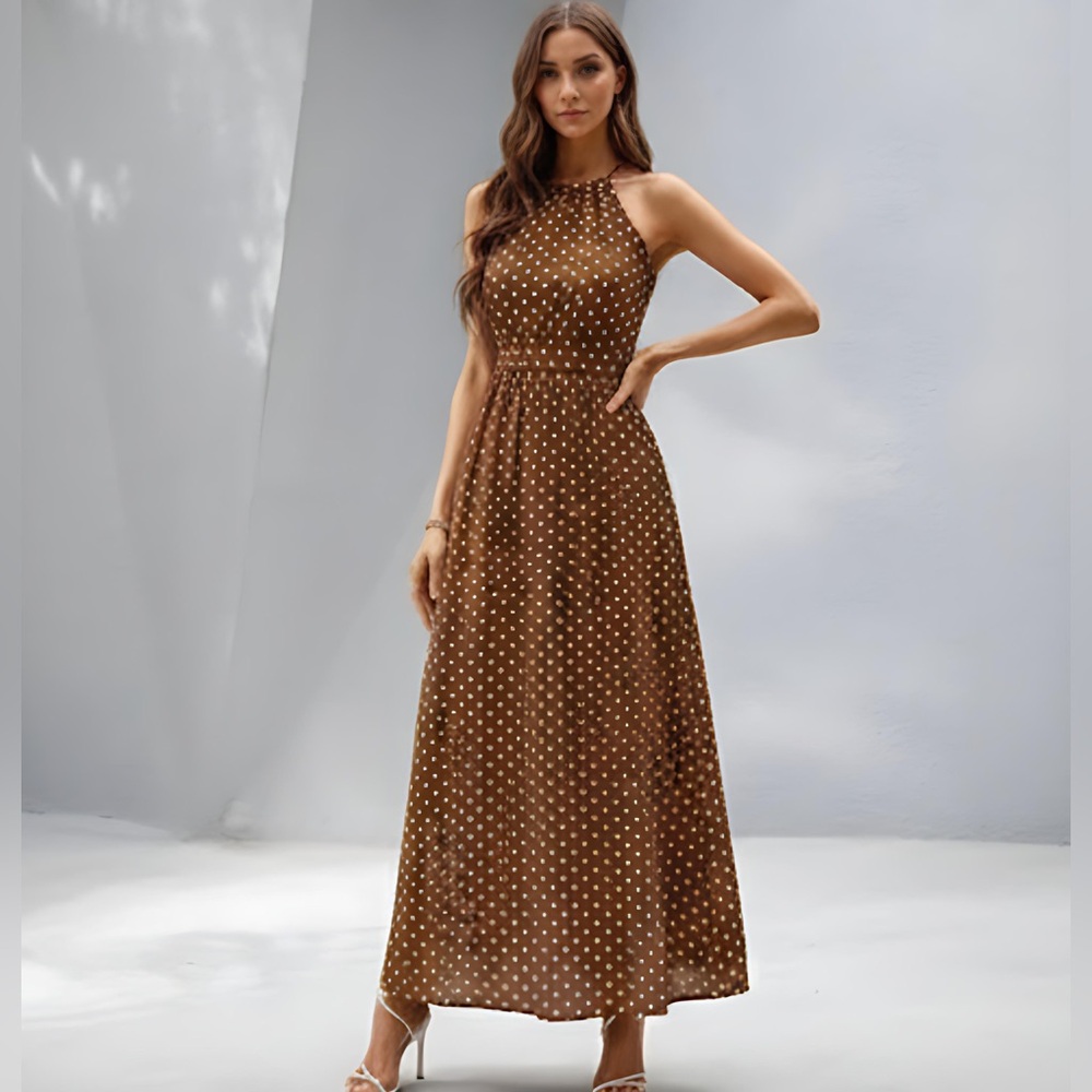 Polka Dot Print Halter Neck Dress Brown.